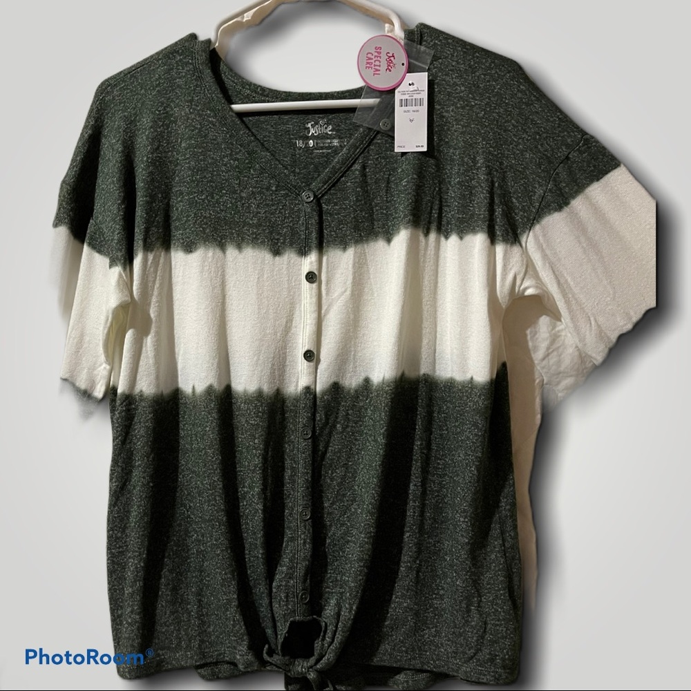 GIRLS-SIZE 18/20-“JUSTICE” SWEATER-6 BUTTONS DOWN FRONT/TIES @ WAIST-GREEN/CREAM